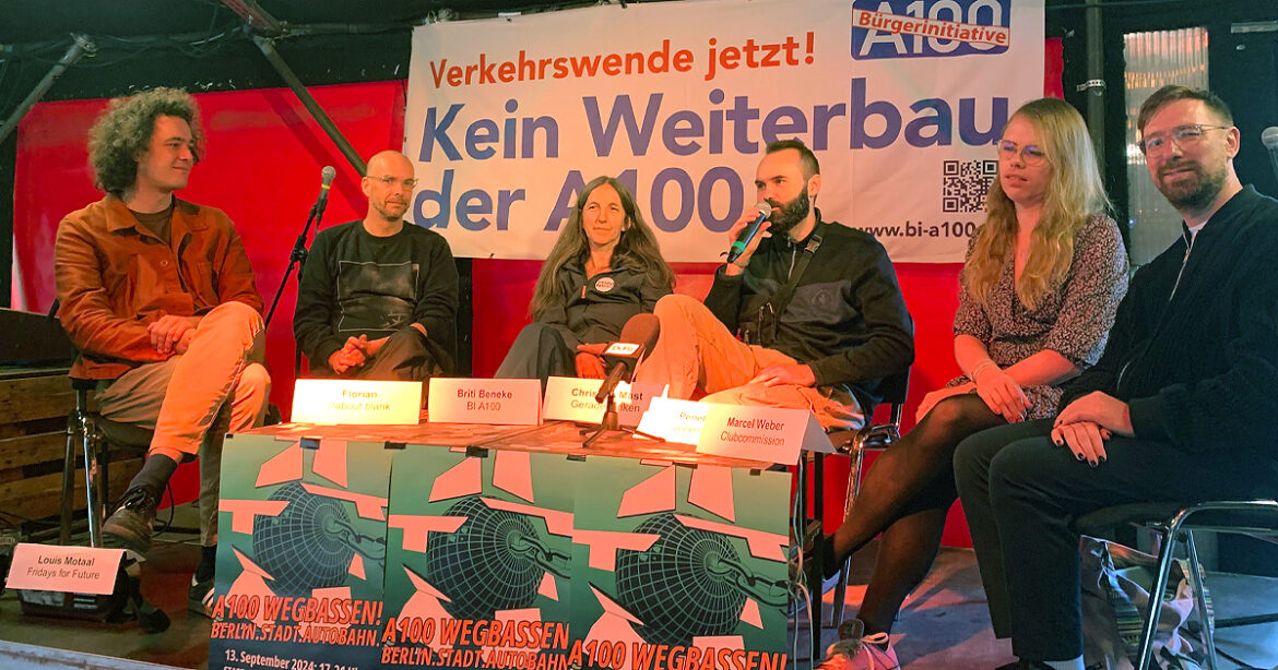 Pressekonferenz im about blank zum Protest gegen die A100 v.l.n.r.: Louis Motaal (Fridays for Future), Florian (about blank), Briti Beneke (BI A100), Christian Mast (Geradedenken), Penelope (Queermany) und Marcel Weber (Clubcommission).